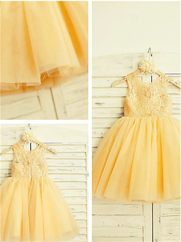 Lace Tea-Length Tulle Scoop A-line/Princess Sleeveless Flower Girl Dresses