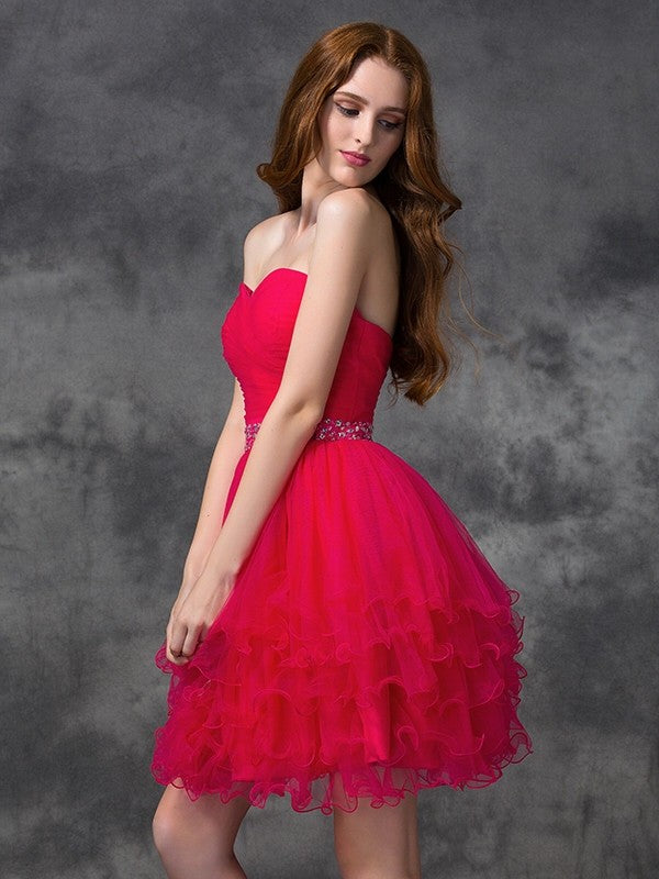 A-line/Princess Sweetheart Irene Beading Sleeveless Short Satin Homecoming Dresses Cocktail Dresses