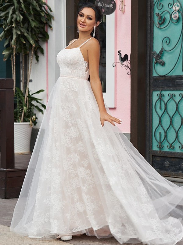 A-Line/Princess Sweep/Brush Straps Spaghetti Lace Ruffles Sleeveless Train Wedding Dresses