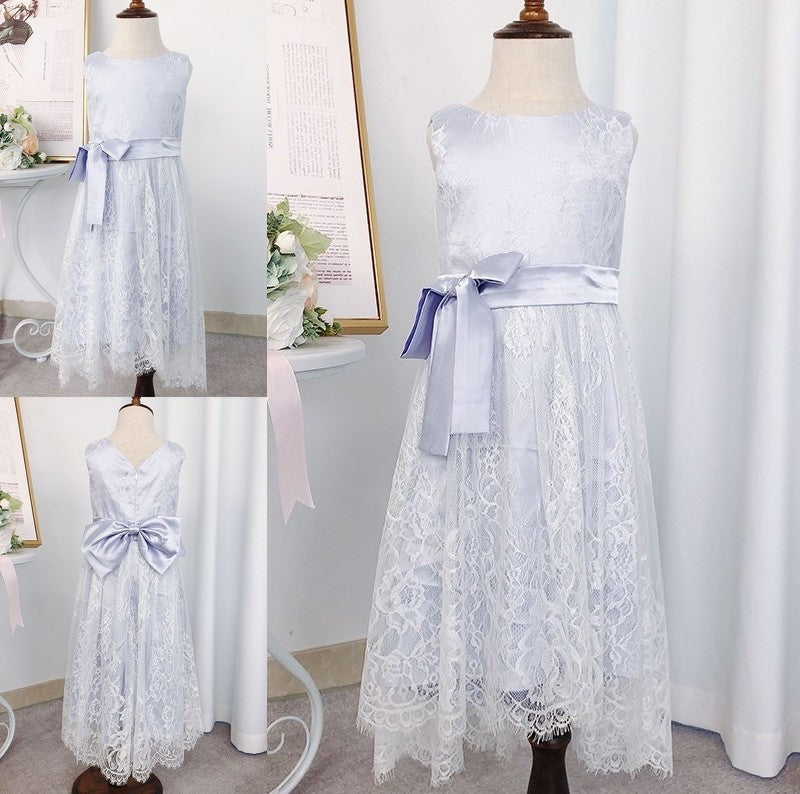 Lace Bowknot Sleeveless Scoop Tea-Length A-Line/Princess Flower Girl Dresses