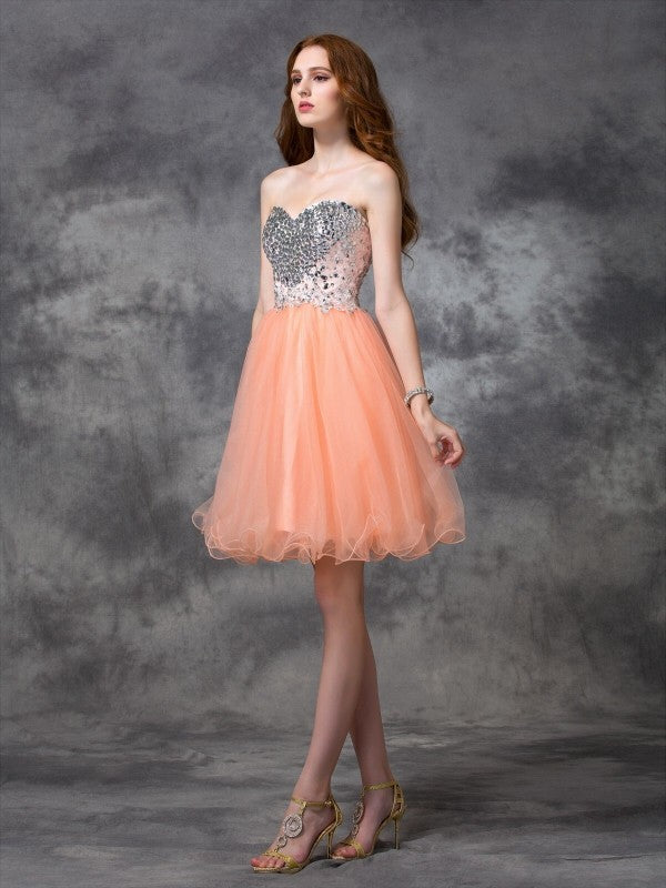 A-line/Princess Spaghetti Straps Beading Sleeveless Short Net Homecoming Dresses Tatum Cocktail Dresses