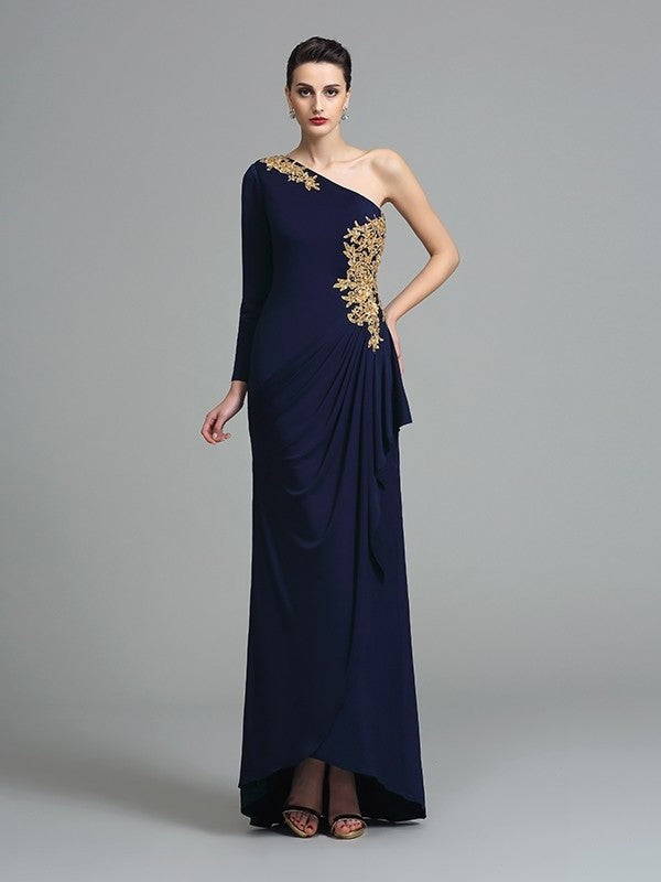 Sheath/Column Long Embroidery Sleeves One-Shoulder Long Spandex Dresses