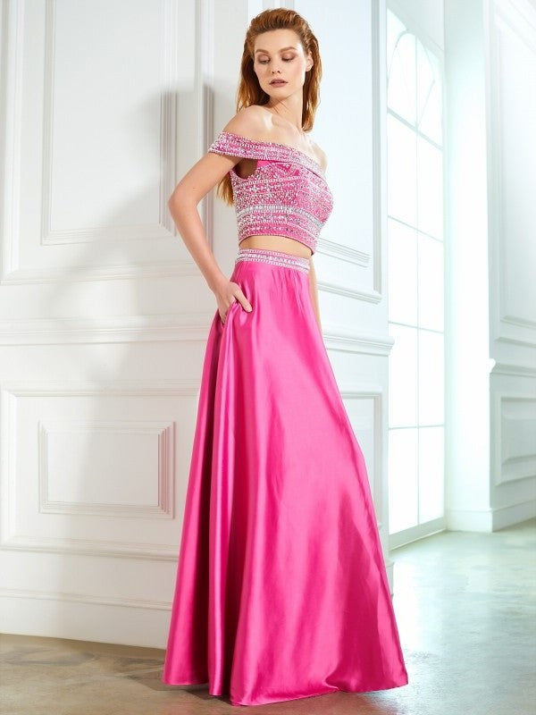 Off-the-Shoulder A-Line/Princess Sleeveless Beading Satin Floor-Length Two Piece Dresses