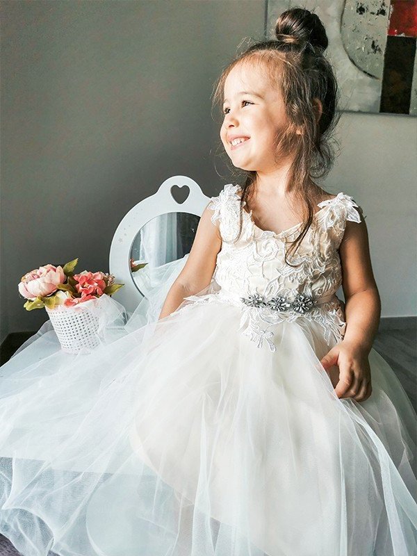 Sleeveless V-neck A-Line/Princess Tulle Ankle-Length Lace Flower Girl Dresses