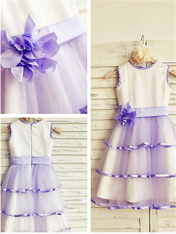 Hand-made Scoop Flower Tea-Length Tulle Sleeveless A-line/Princess Flower Girl Dresses