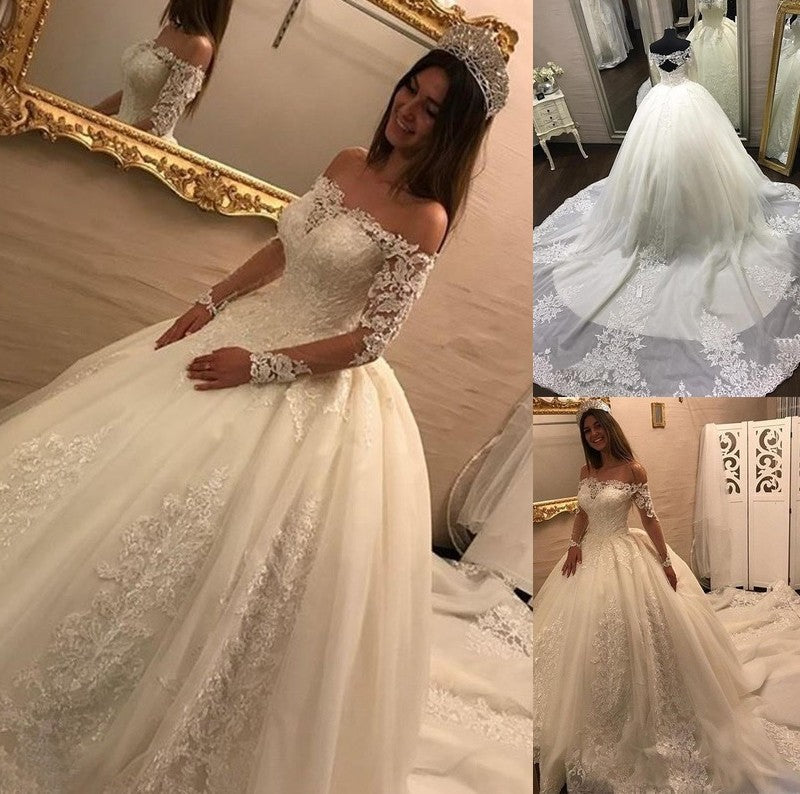 Long Off-the-Shoulder Applique Gown Ball Sleeves Cathedral Train Tulle Wedding Dresses