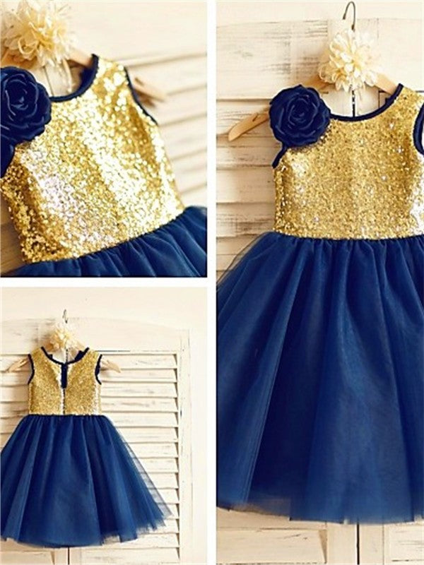 Sleeveless Sequin Tea-Length A-line/Princess Scoop Tulle Flower Girl Dresses