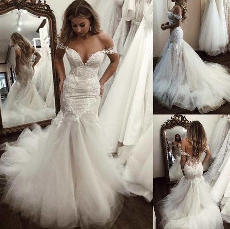 Tulle Sweep/Brush Off-the-Shoulder Applique Sleeveless Trumpet/Mermaid Train Wedding Dresses