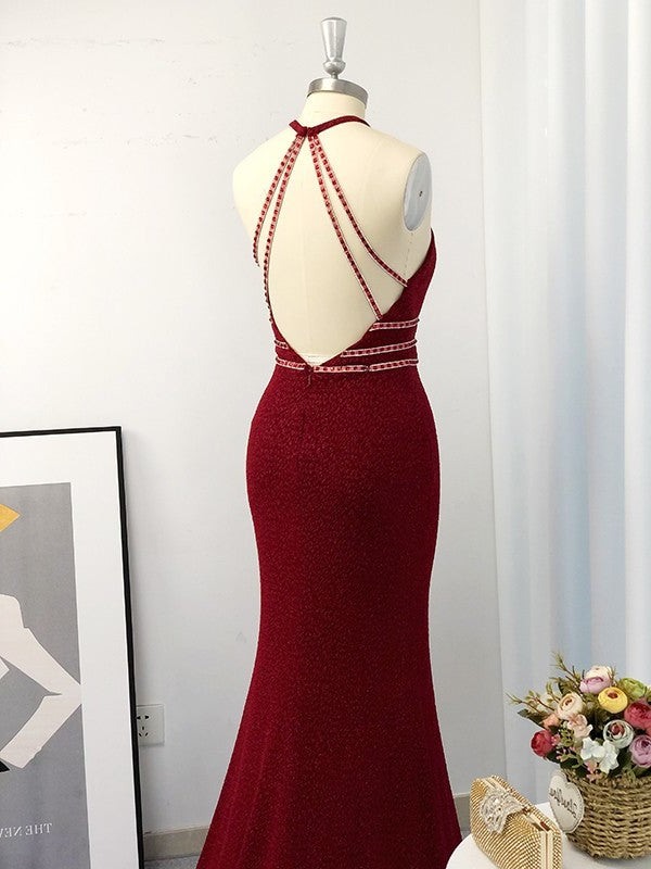 Sweep/Brush Sleeveless Sheath/Column Halter Train Beading Dresses