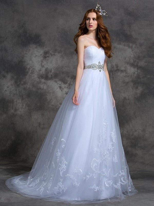 Beading A-line/Princess Long Sleeveless Sweetheart Satin Wedding Dresses