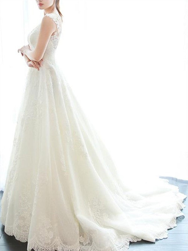 V-neck Applique A-Line/Princess Sleeveless Court Train Lace Wedding Dresses