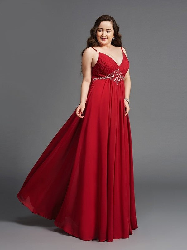 Straps Sleeveless Long Beading Chiffon Spaghetti A-Line/Princess Plus Size Dresses