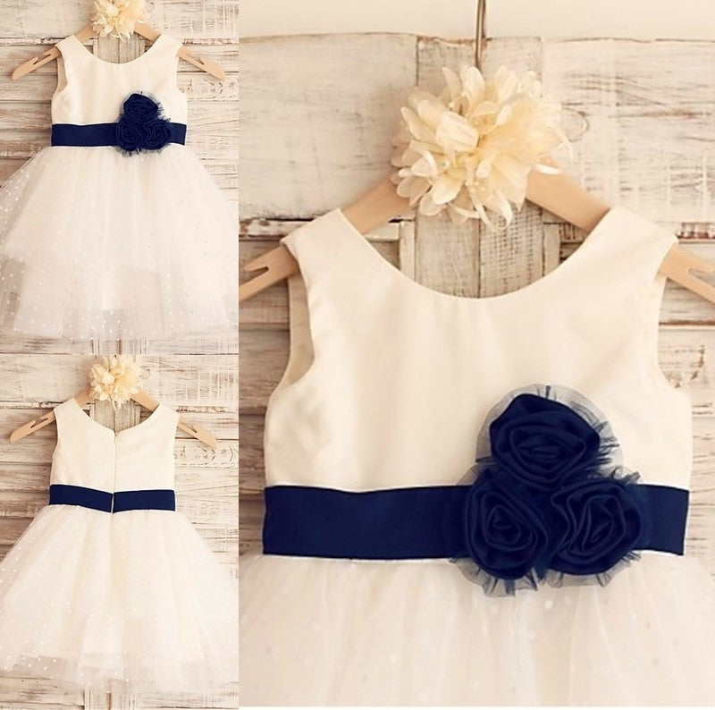 Organza Tea-Length Sleeveless Scoop Hand-made Flower A-line/Princess Flower Girl Dresses