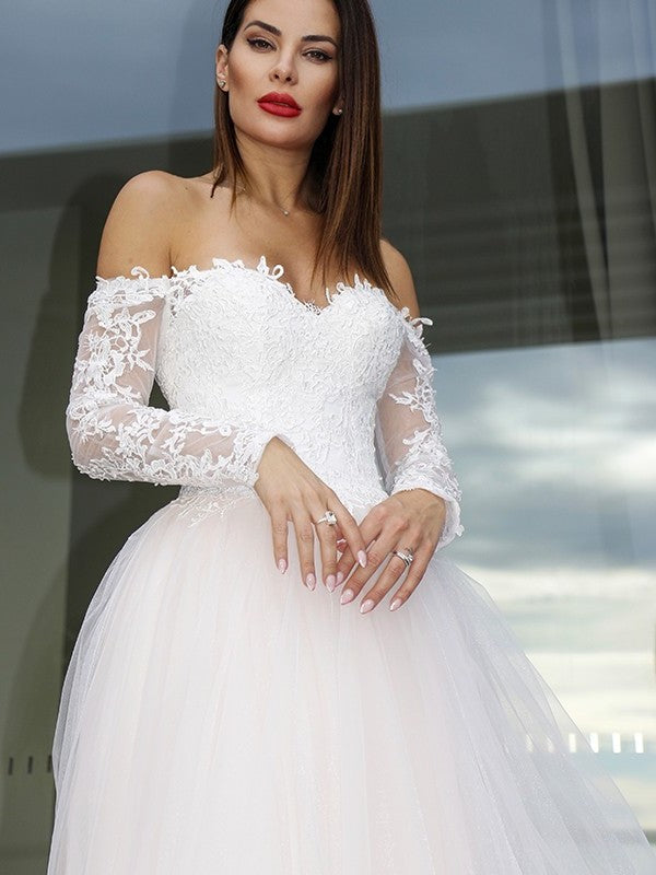 Sleeves Court Long Tulle A-Line/Princess Off-the-Shoulder Applique Train Wedding Dresses