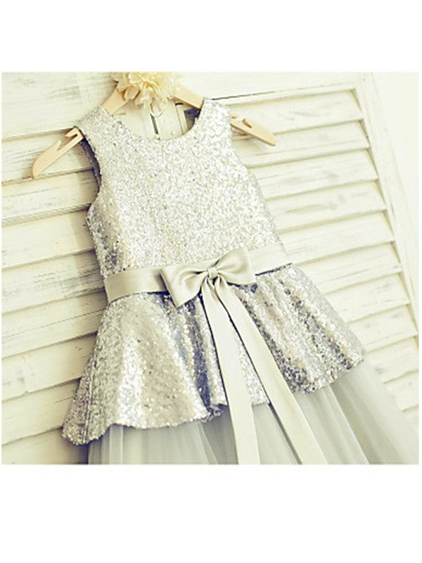 Sleeveless Tulle Sequin A-line/Princess Scoop Tea-Length Flower Girl Dresses