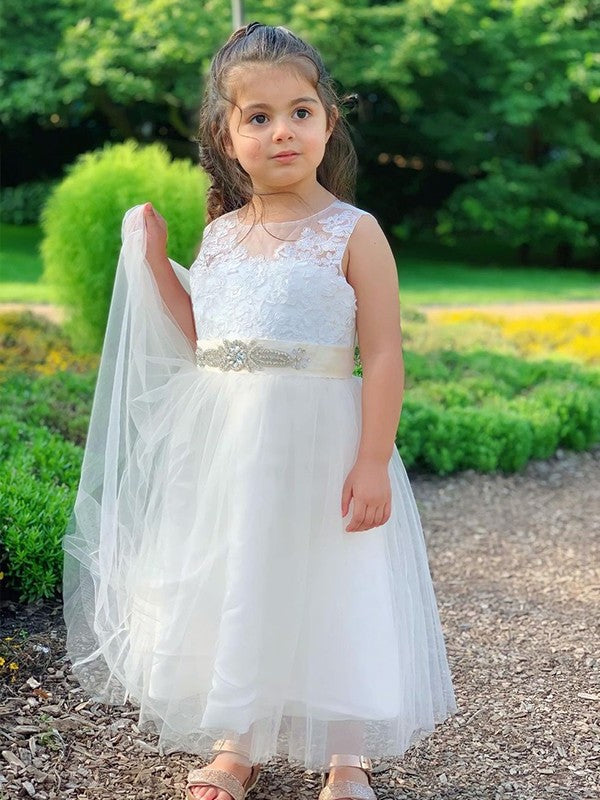 Scoop Tulle Tea-Length Sleeveless A-Line/Princess Lace Flower Girl Dresses