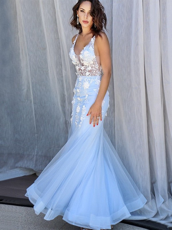 Trumpet/Mermaid Tulle Sleeveless V-neck Applique Floor-Length Dresses