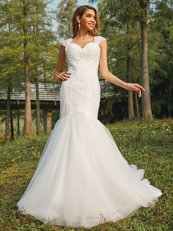 Sweetheart Applique Trumpet/Mermaid Tulle Sleeveless Sweep/Brush Train Wedding Dresses