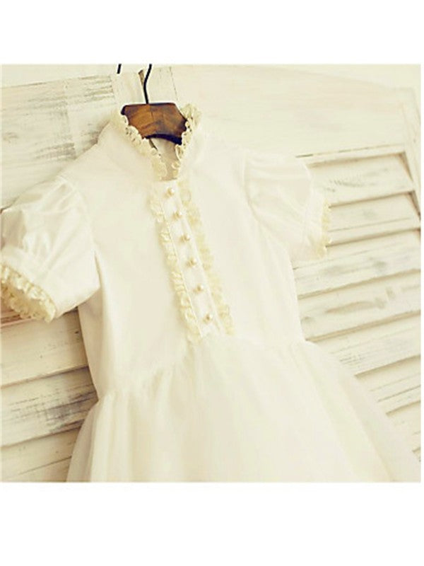 Sleeves Neck Tea-Length Lace Short A-line/Princess High Tulle Flower Girl Dresses