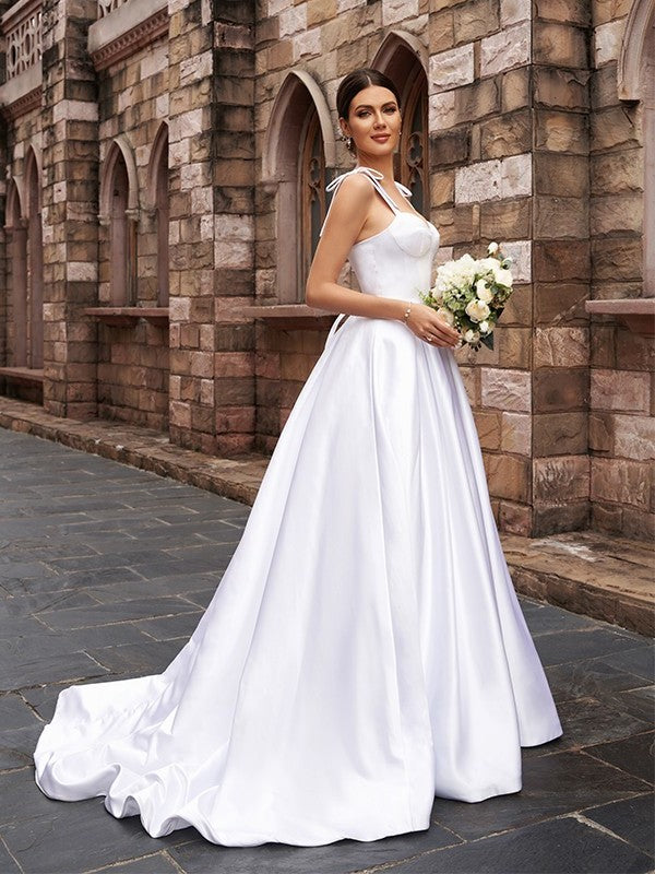 Straps Sweep/Brush Sleeveless Ruffles Satin A-Line/Princess Train Wedding Dresses