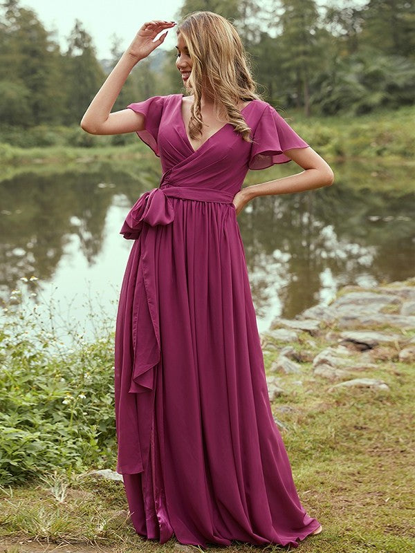 Sleeves Chiffon Ruffles Short A-Line/Princess V-neck Floor-Length Bridesmaid Dresses