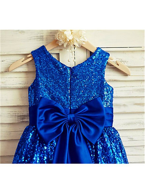 Sequins Bowknot Scoop Tea-Length Sleeveless A-line/Princess Flower Girl Dresses