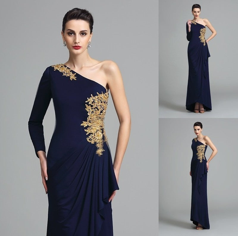 Sheath/Column Long Embroidery Sleeves One-Shoulder Long Spandex Dresses