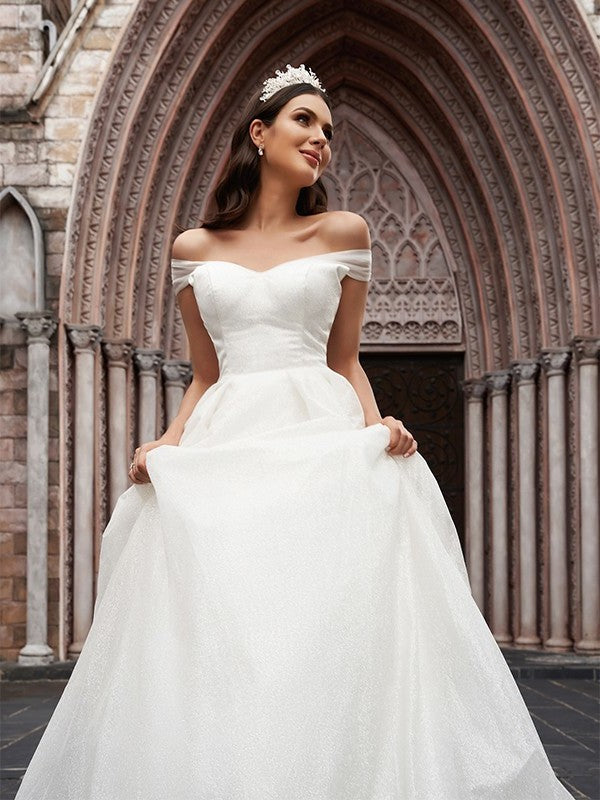 Sleeveless Ball Ruched Court Gown Tulle Off-the-Shoulder Train Wedding Dresses