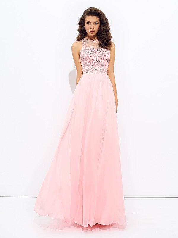 Sleeveless Jewel A-line/Princess Beading Long Chiffon Dresses