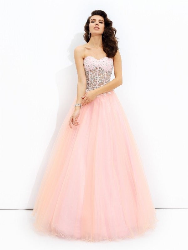 Sweetheart Sleeveless A-line/Princess Lace Long Net Dresses