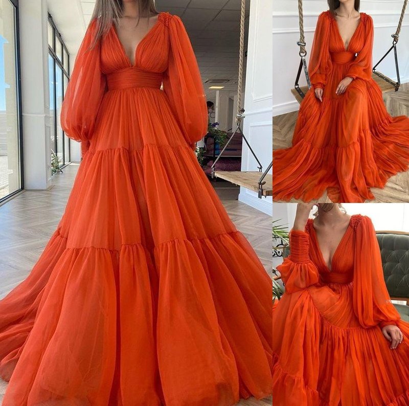 Long A-Line/Princess Train Sleeves V-neck 3D Sweep/Brush Chiffon Ruffles Dresses