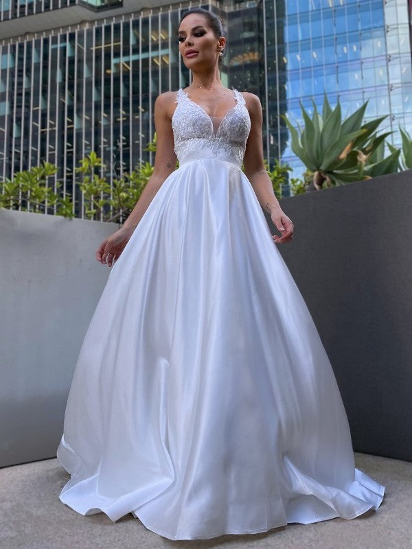 Sleeveless Satin Applique A-Line/Princess V-neck Sweep/Brush Train Wedding Dresses