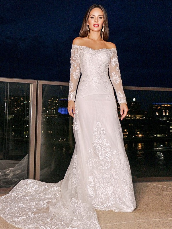 Off-the-Shoulder Sheath/Column Lace Sleeves Court Long Train Wedding Dresses