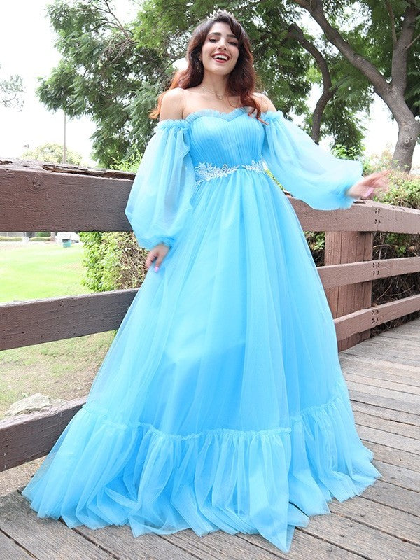 Applique Long Tulle A-Line/Princess Off-the-Shoulder Sleeves Floor-Length Dresses