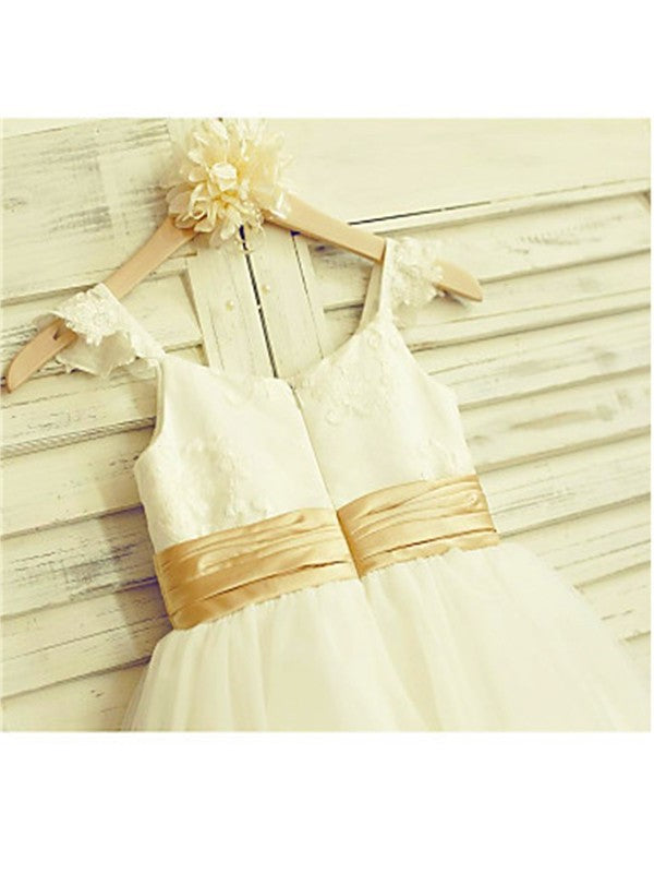 Straps A-line/Princess Tea-Length Spaghetti Tulle Sleeveless Lace Flower Girl Dresses