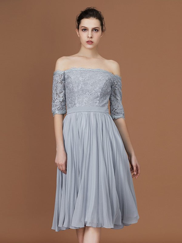 Off-the-Shoulder Short A-Line/Princess Sleeves Lace Tea-Length Chiffon Bridesmaid Dress