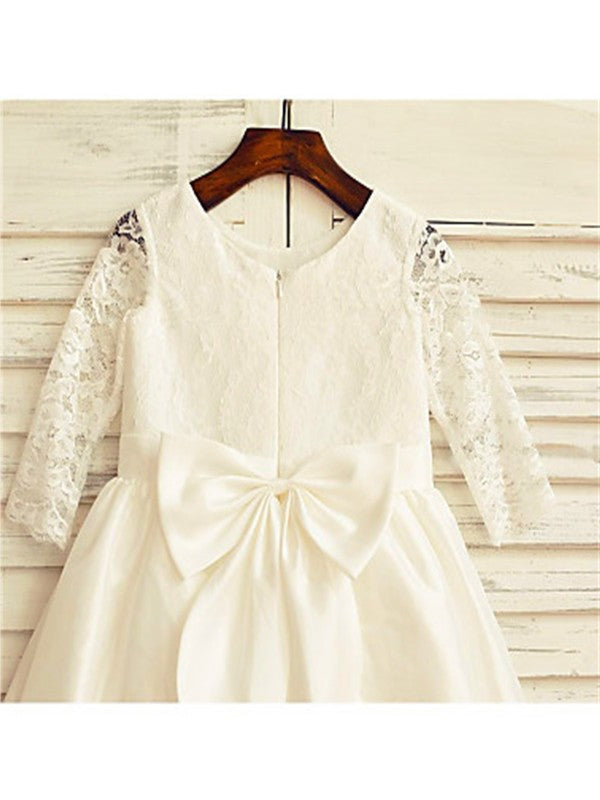 Lace Sleeves A-line/Princess Long Tea-Length Jewel Satin Flower Girl Dresses