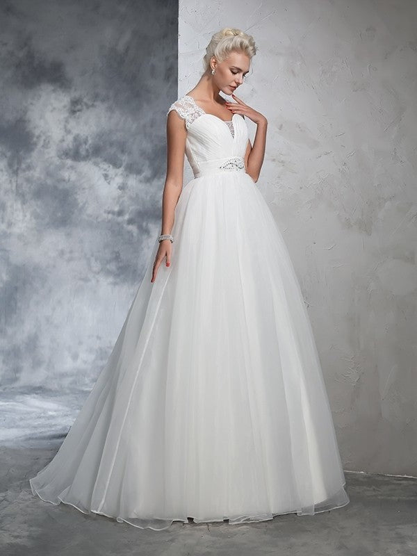 Long Sweetheart Ball Gown Ruched Sleeveless Tulle Wedding Dresses