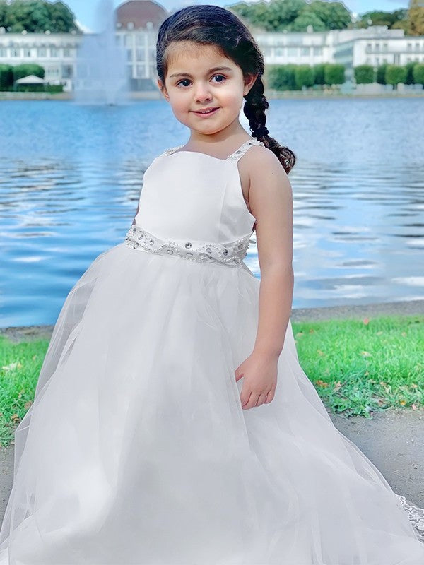 A-Line/Princess Spaghetti Tulle Sleeveless Straps Sweep/Brush Train Beading Flower Girl Dresses