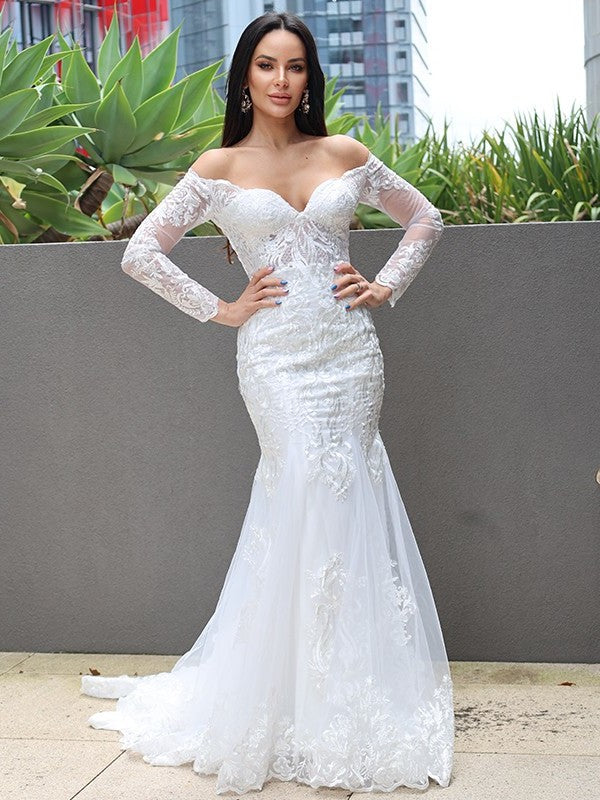 Trumpet/Mermaid Sweep/Brush Applique Tulle Long Off-the-Shoulder Sleeves Train Wedding Dresses