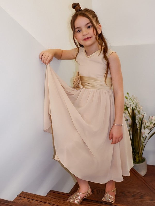 Chiffon Sleeveless A-Line/Princess Tea-Length Hand-Made Scoop Flower Flower Girl Dresses