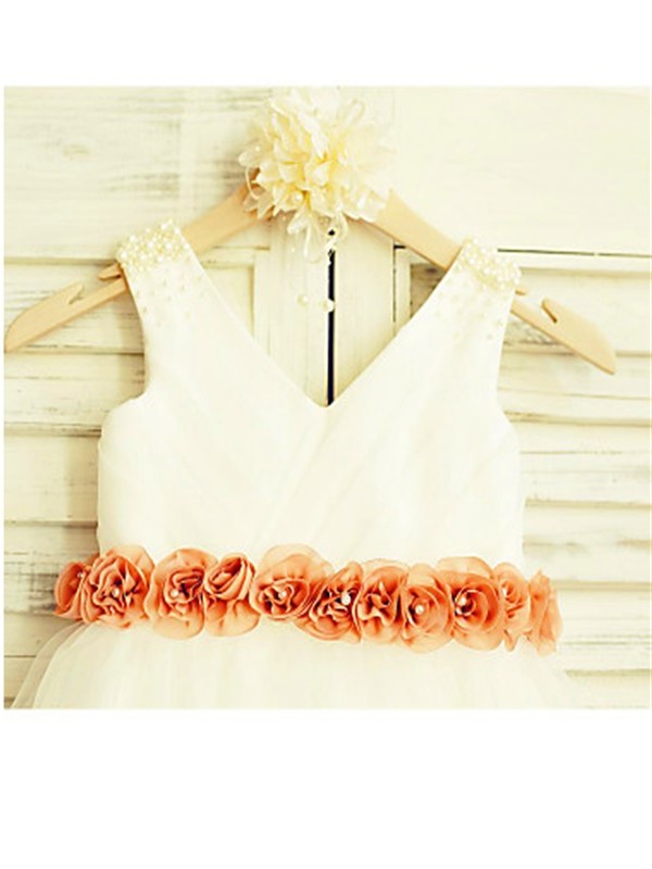 Tea-Length Tulle Sleeveless A-line/Princess Flower V-neck Hand-made Flower Girl Dresses