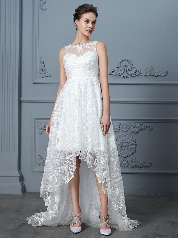 Sleeveless Scoop Asymmetrical A-Line/Princess Lace Wedding Dresses