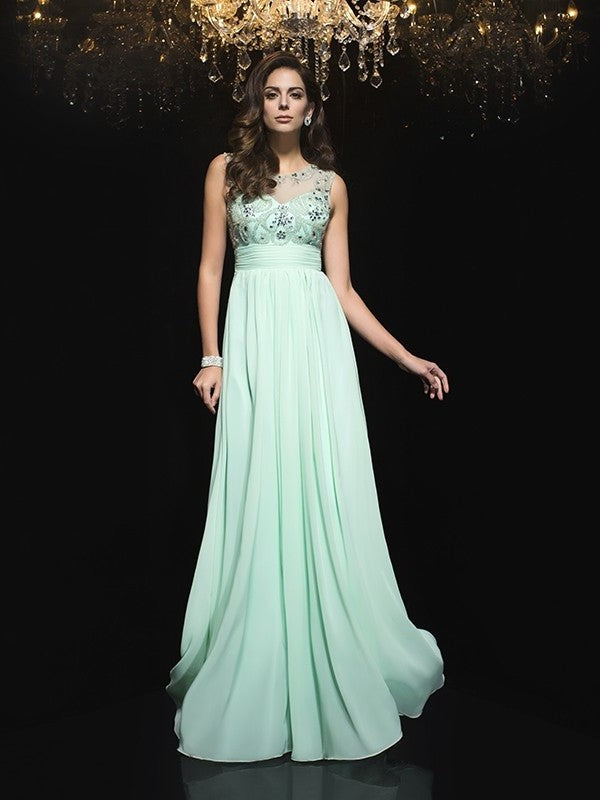 Sheer Sleeveless A-Line/Princess Neck Beading Long Chiffon Dresses