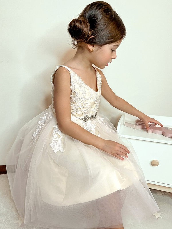 Lace Knee-Length V-neck Tulle A-Line/Princess Sleeveless Flower Girl Dresses