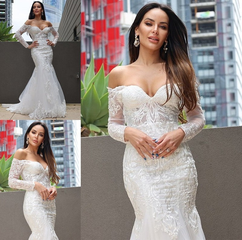 Trumpet/Mermaid Sweep/Brush Applique Tulle Long Off-the-Shoulder Sleeves Train Wedding Dresses