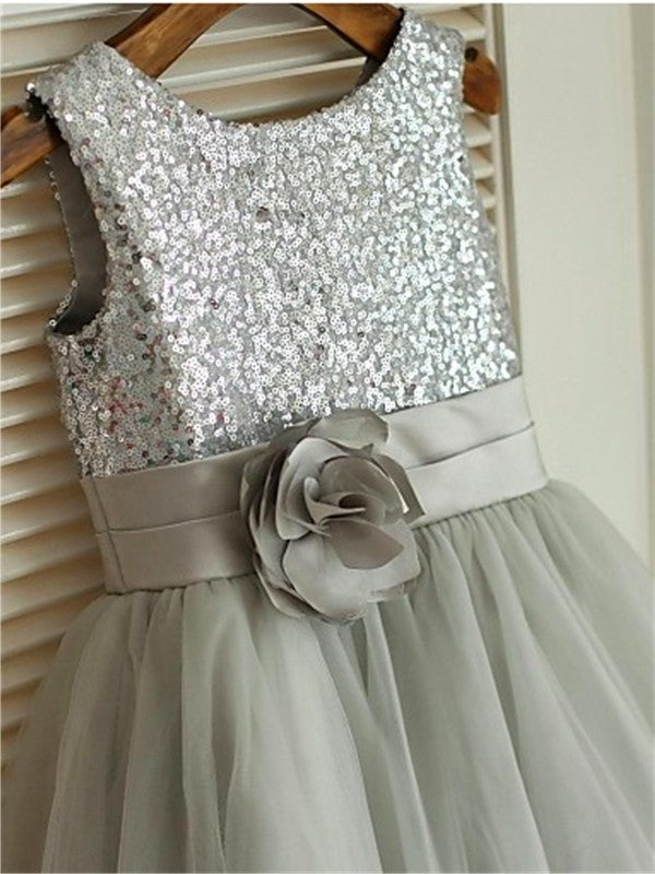 Sleeveless Tea-Length Sequin A-line/Princess Scoop Tulle Flower Girl Dresses