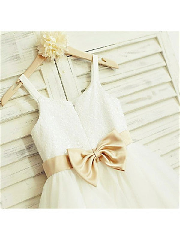 Knee-Length A-line/Princess Tulle Bowknot Straps Sleeveless Spaghetti Flower Girl Dresses