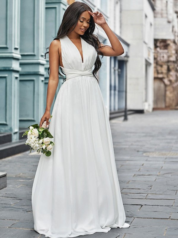 A-Line/Princess Sleeveless Chiffon Ruched Halter Floor-Length Wedding Dresses