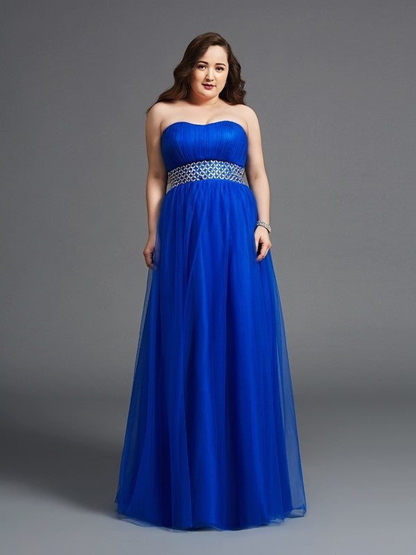 A-Line/Princess Rhinestone Sleeveless Long Net Strapless Plus Size Dresses